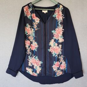 ModCloth L Blouse Top Womens V Neck Navy‎ Blue Floral Roll Tab Sleeve Beautiful